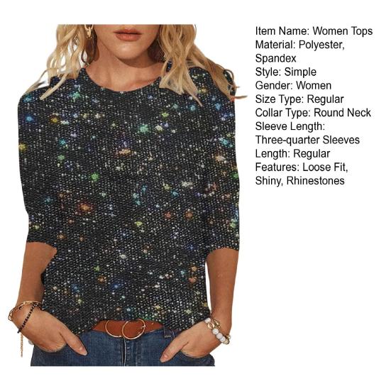 Women T-shirt Crew Neck 3/4 Sleeves Glitter Pullover Tops Shiny Sequins Solid Color Shimmering Blouse