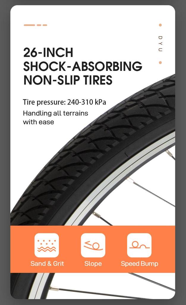 DYU C6 36V 350W Electric Bike - 80km Pedal Assist, Steel Frame & 26" Wheels for Long-Range Commuting