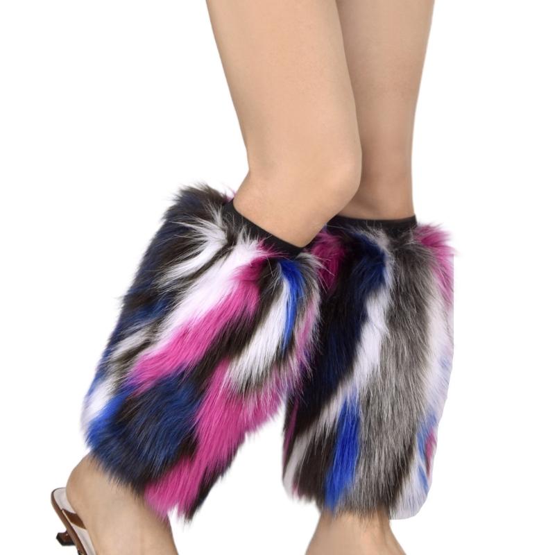 Womens Rainbow Colorful Furry Leg Warmers Autumn Winter Vintage Faux Fur Plush Boot Covers Cuffs Hipster Warm Socks