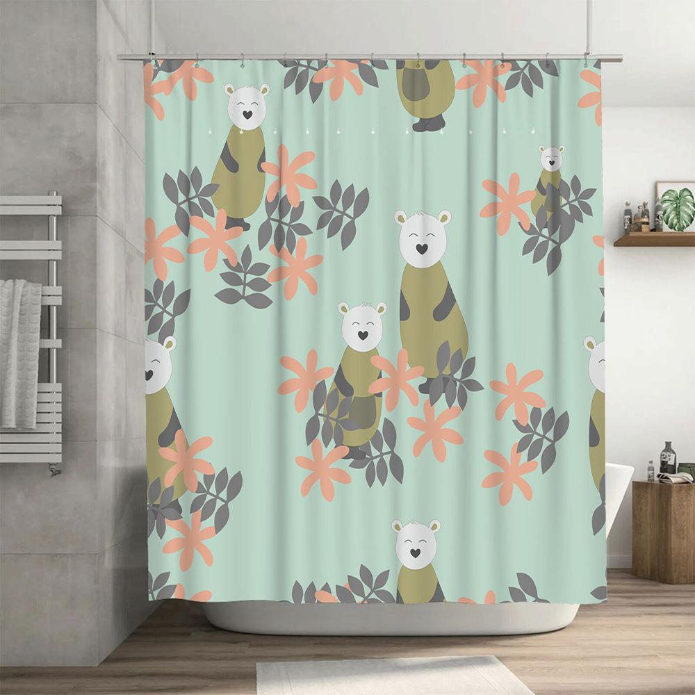 Cute Cartoon Polar Bear Shower Curtain Floral Print Fabric Bath Decoration Waterproof Home Decor Bathroom Accessories (Mint Gree