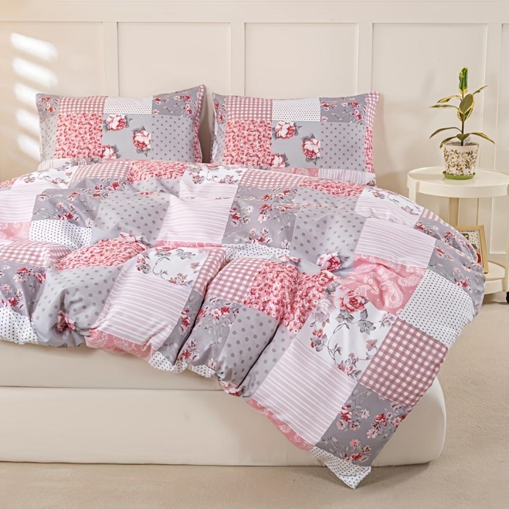 3pcs Pink Bedding Set Grid Flower 3D Printed Cozy Duvet Cover Set King Queen Twin Single Size Birthday Gift Adult Bedroom Decor