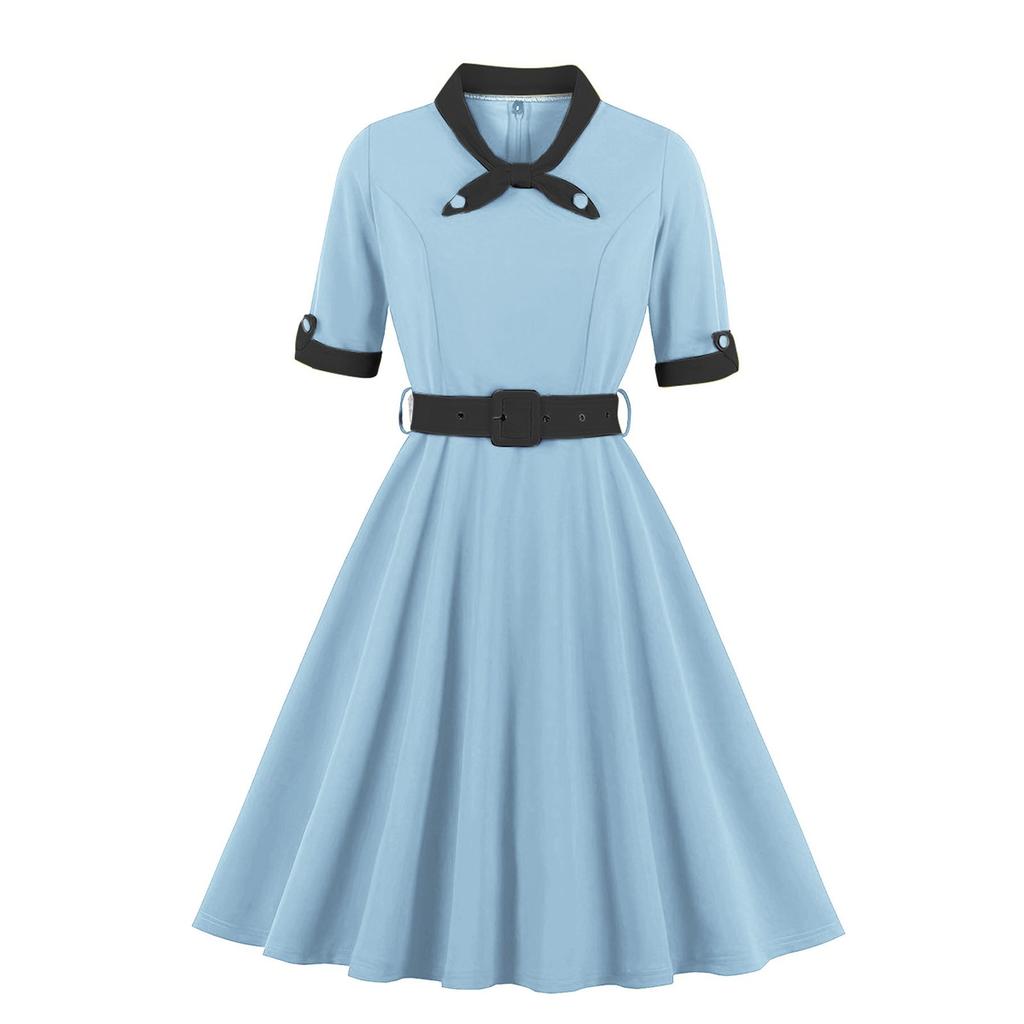 Женское платье в стиле ретро с V-образным вырезом, приталенного силуэта, с короткими рукавами и большой юбкой-клёш