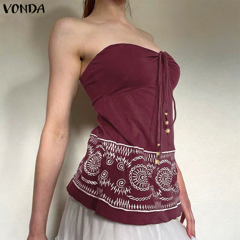 VONDA Летние женские топы-майки без бретелек с принтом, открывающие плечи