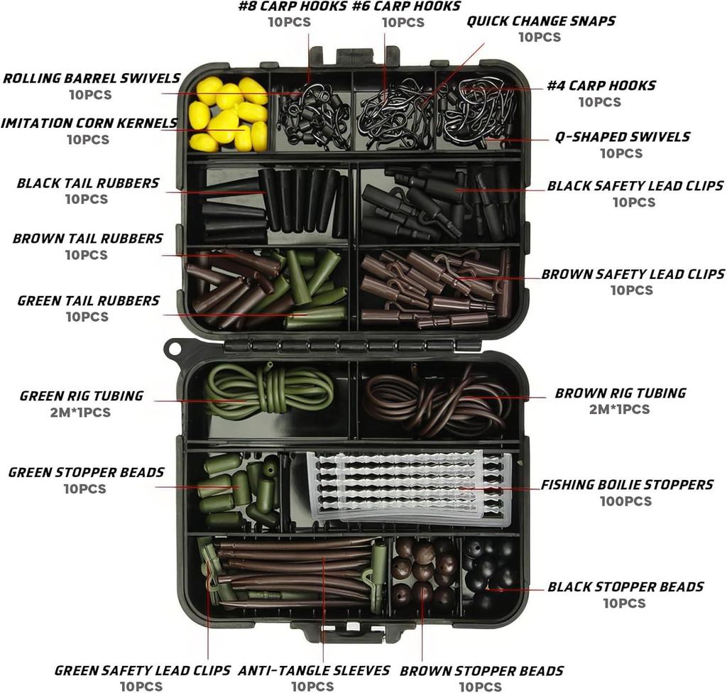Набор для ловли карпа 272 шт. Ассортимент снастей для ловли карпа Крючки Клипсы Быстросменные вертлюжки Стопоры для бойлов Кукурузная леска Бусины