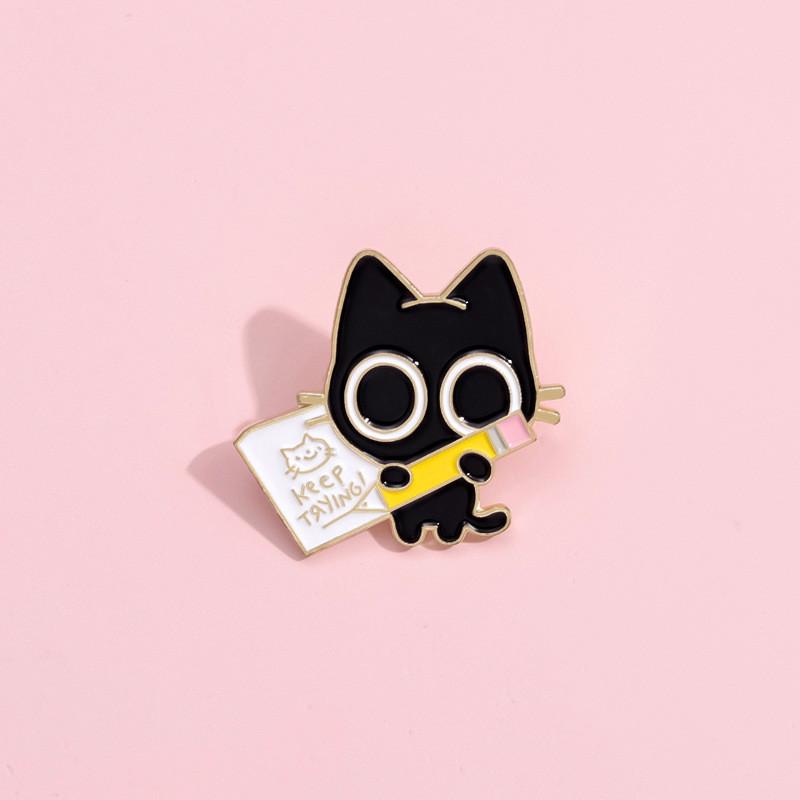 Cute Cartoon Black Cat Enamel Brooch With Pen Design For Stylish Accessory Lovers