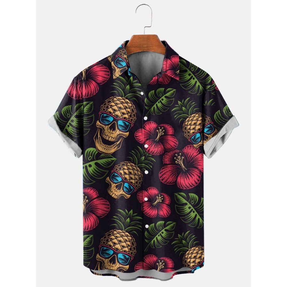 Модные мужские рубашки с цветочным принтом в виде черепа, забавный 3D-принт черепа, уличная одежда, футболки с коротким рукавом, гавайские рубашки с принтом на лацканах для мужчин