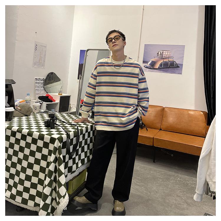 Мужской модный пуловер в полоску с цветными блоками - повседневная толстовка свободного кроя с круглым вырезом для весны и осени.