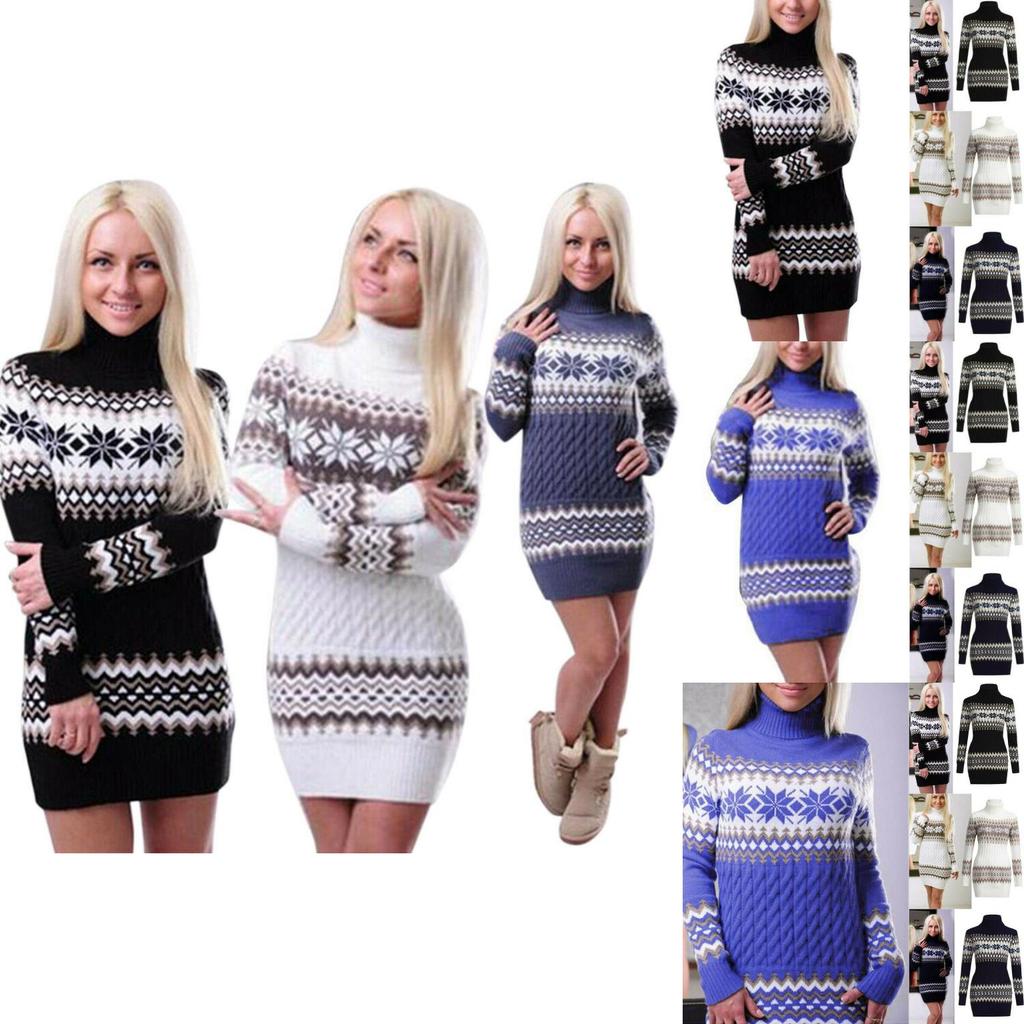 Элегантное рождественское женское платье-свитер с высоким воротом и праздничным узором «снежинки»