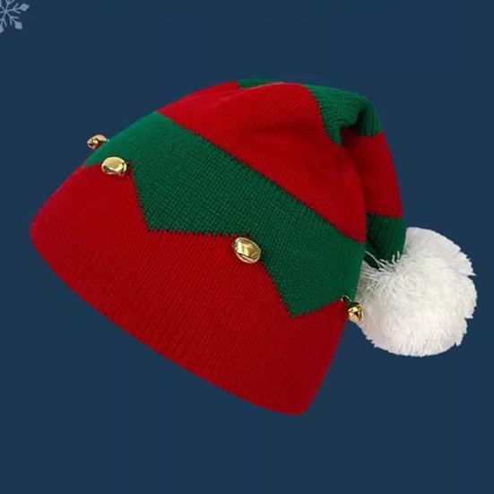 Christmas Hat with Bells Plush Ball Decor Red Green Patchwork Color Breathable Santa Claus Hat Daily Party Wear