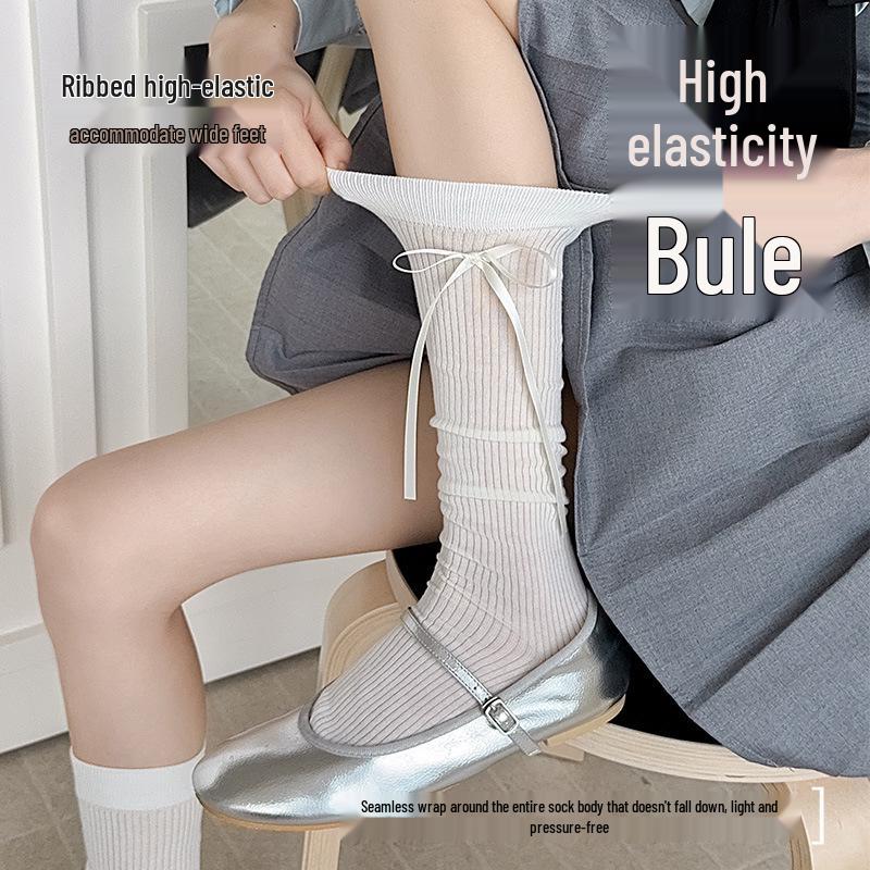 Women's White Ballet Style Ribbon Bow Calf Socks - 2025 Spring/Summer Trendy Thin Scrunch Socks