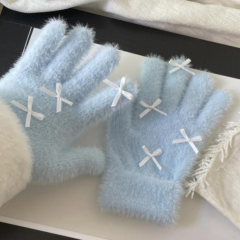 1 пара зимних теплых перчаток с бантом для женщин и девочек, милые однотонные перчатки, варежки, устойчивые к холоду, ветрозащитные перчатки для верховой езды, подарки