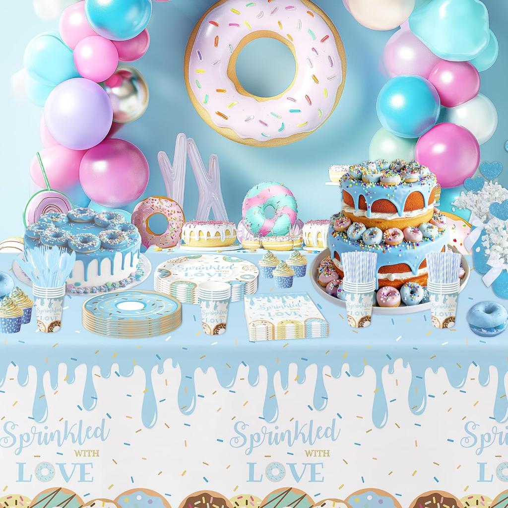 Donut Baby Sprinkle Decorations Boy Tablecloth - Sprinkled with Love Baby Shower Decorations Party Supplies Table Cover, Blue Donut Baby Shower