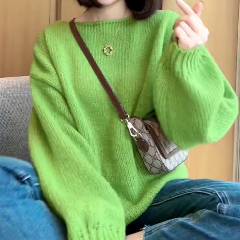 Корейский Сладкий Стиль Молодежный Универсальный Однотонный Свитер с Длинным Рукавом Женский Свободный Расслабленный Крой Облегающий Трикотажный Топ