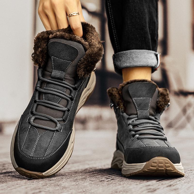 Модная мужская обувь, уличные плюшевые хлопковые зимние нескользящие сапоги, теплые высокие шнуровки, износостойкая толстая подошва, мужская обувь