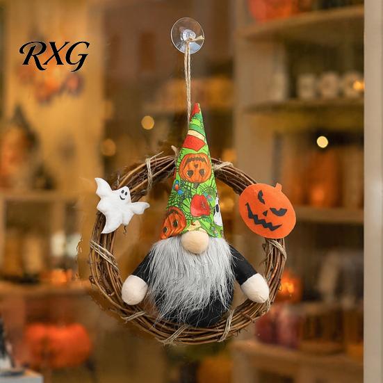 Festive Pumpkin Ornament Halloween Gnome Wreath, Faceless Rattan Rustic Hanging Decoration Door with Ghost for Front Wall Holiday Party Decor Indoor