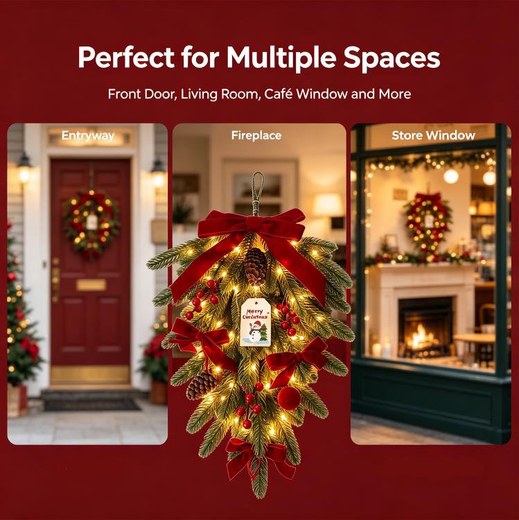 Christmas rattan hanging water drop decoration tree with LED light velvet bow pine needle hanging ornaments suitable for front door fireplace