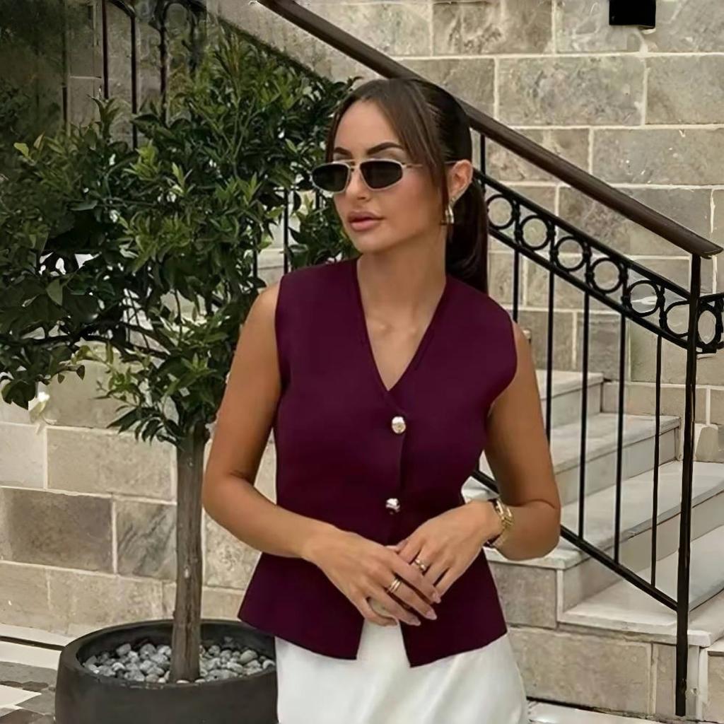 LYRIA Женский юбочный костюм Винно-красный Вязаный V-образный вырез Без рукавов Приталенный жилет + Однотонная юбка макси с высокой талией и молнией Пэчворк Уличный