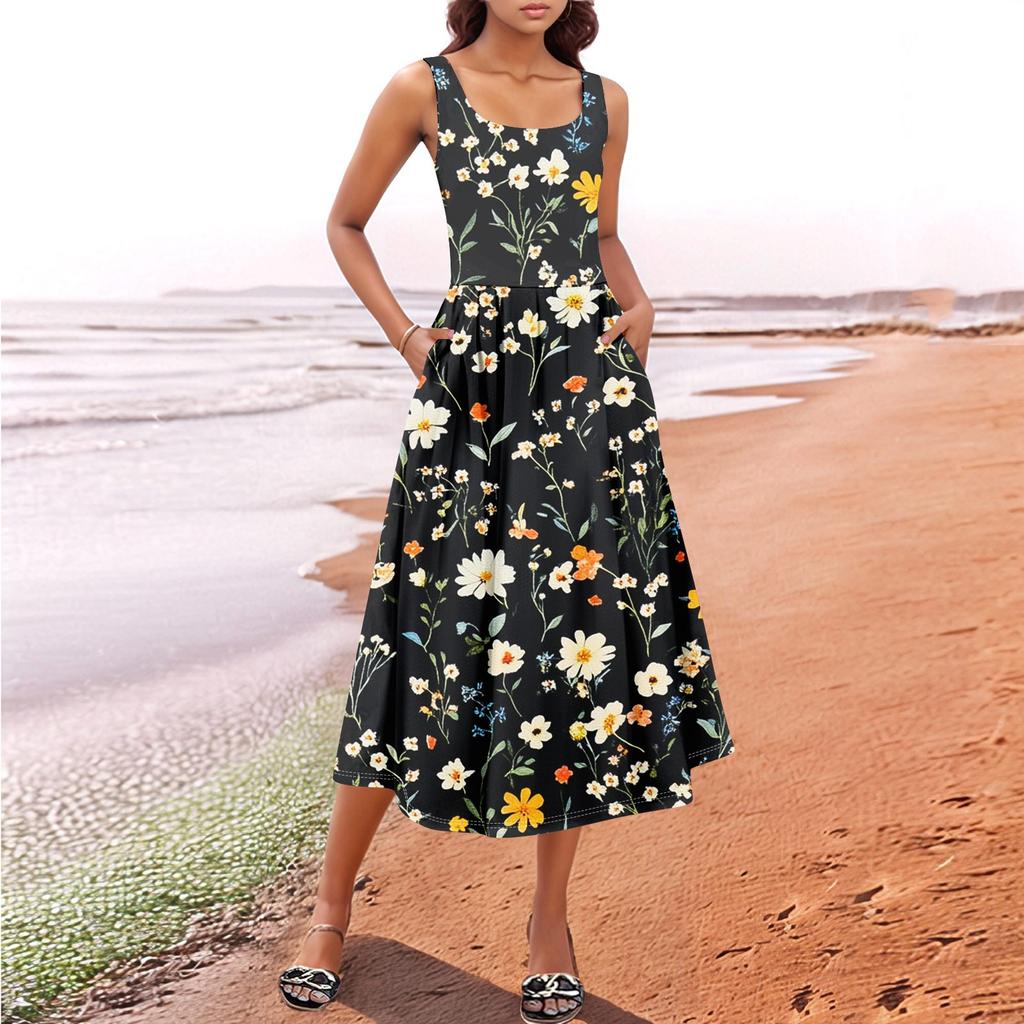 Women's Summer Spring Casual Floral Sundress Sleeveless Beach Vacation Flowy Boho Tank Midi Dresses