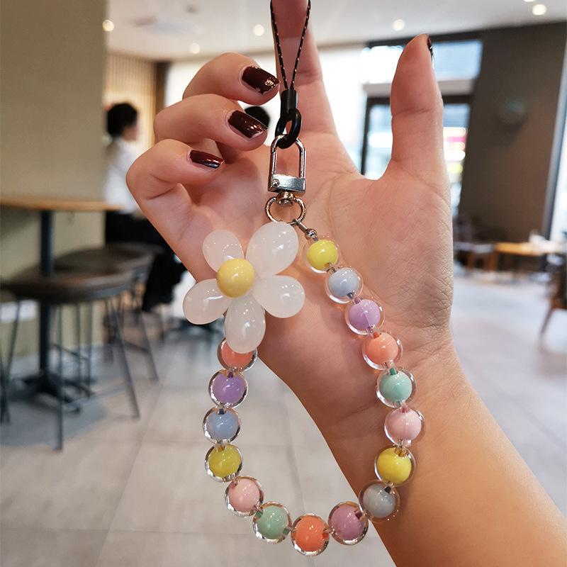 Шнурок против потери для телефона, ключей, короткий браслет, кулон, красочный кулон из круглых бусин-макарон, женская ручная цепочка, шнурок для мобильного телефона