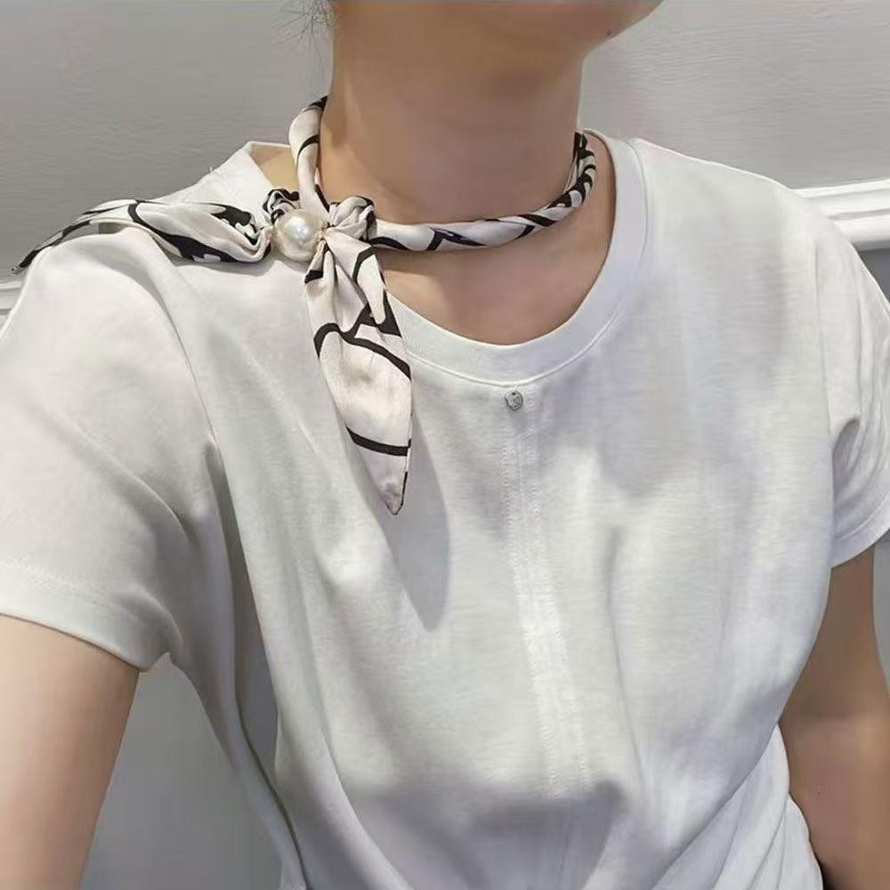 No Tie Silk Scarf Magnetic Pearl Buckle Women Neckerchief Sun Protection Satin Neck Scarf  Summer
