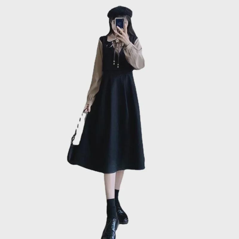 Платье большого размера с высокой талией, многослойное, из двух частей, с эффектом осеннего корейского стиля в колледже