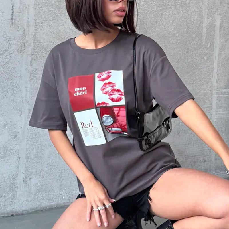 Printed Top Cotton Short Sleeved Round Neck T-shirt Women's Loose Fitting Pullover Versatile Daily Dressing Summer 2025 New Fashion