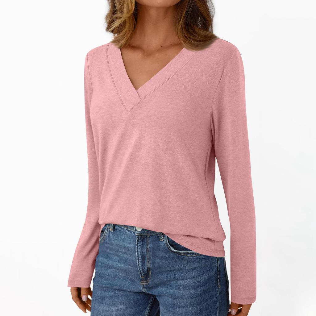 Женская повседневная модная футболка с длинными рукавами и V-образным вырезом, однотонная, с начесом