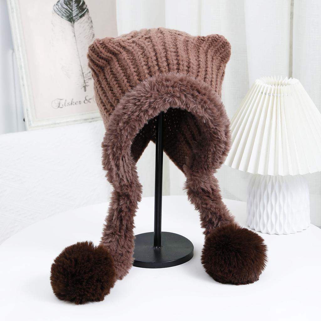 New autumn and winter cat ear double tail two hairball knitted hat windproof ear protection warm fashionable versatile cute wool hat