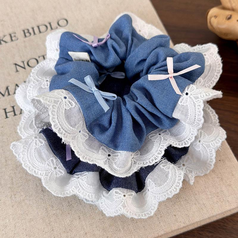 Fashion Colorful Bow Denim Splicing Lace Hair Scrunchies Headband Women RetroTemperament Hair Rope Girl Tie Ponytail Rubber Band
