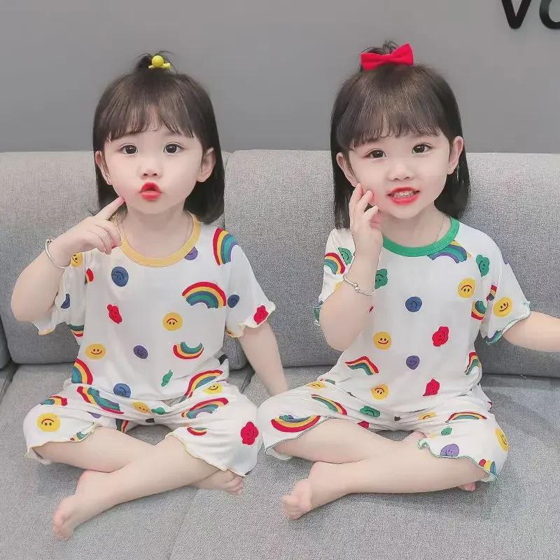 Ice Silk Soft Girls' Short-Sleeve Pajamas - Stylish Korean Summer Sleepwear for Babies
