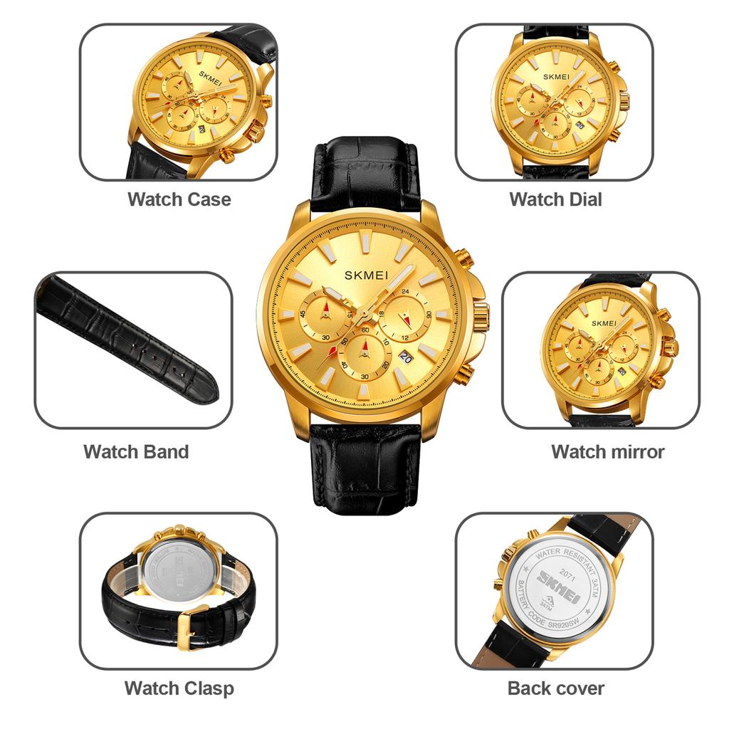 Skmei Часы для мужчин Водонепроницаемые секундомер Дата Кварцевые часы Высококачественный кожаный ремешок Износостойкий нейлоновый ремешок Модные повседневные мужские часы 2071