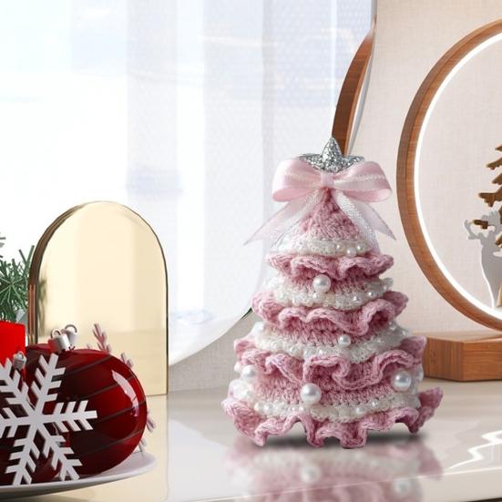Handmade Crochet Christmas Tree DIY Crochet Christmas Tree Kit with Bow Faux Pearl Decor Holiday Craft Starter Set for Beginners