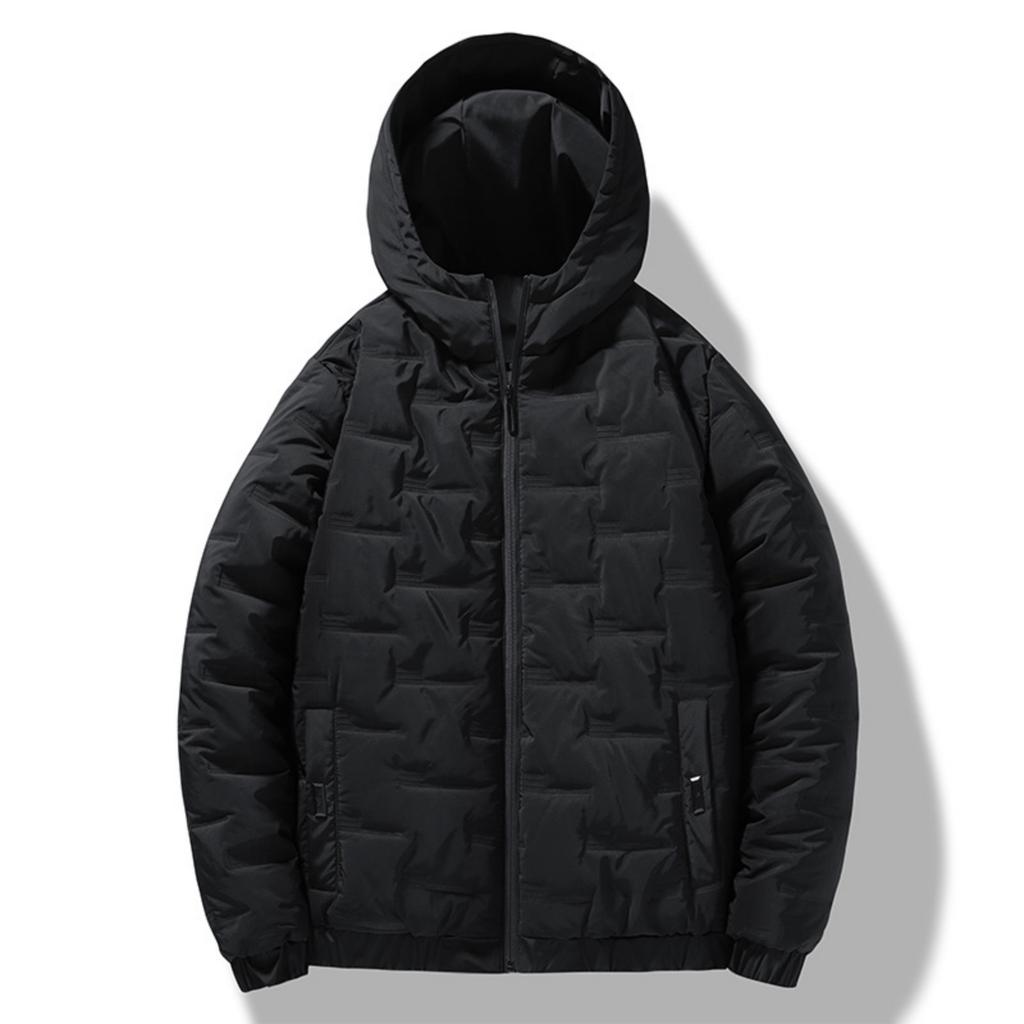 Men's Casual Solid-color Embossed Textured Thick Cotton Jacket, Men's Cotton-padded Warm Hooded Long-sleeved Coat