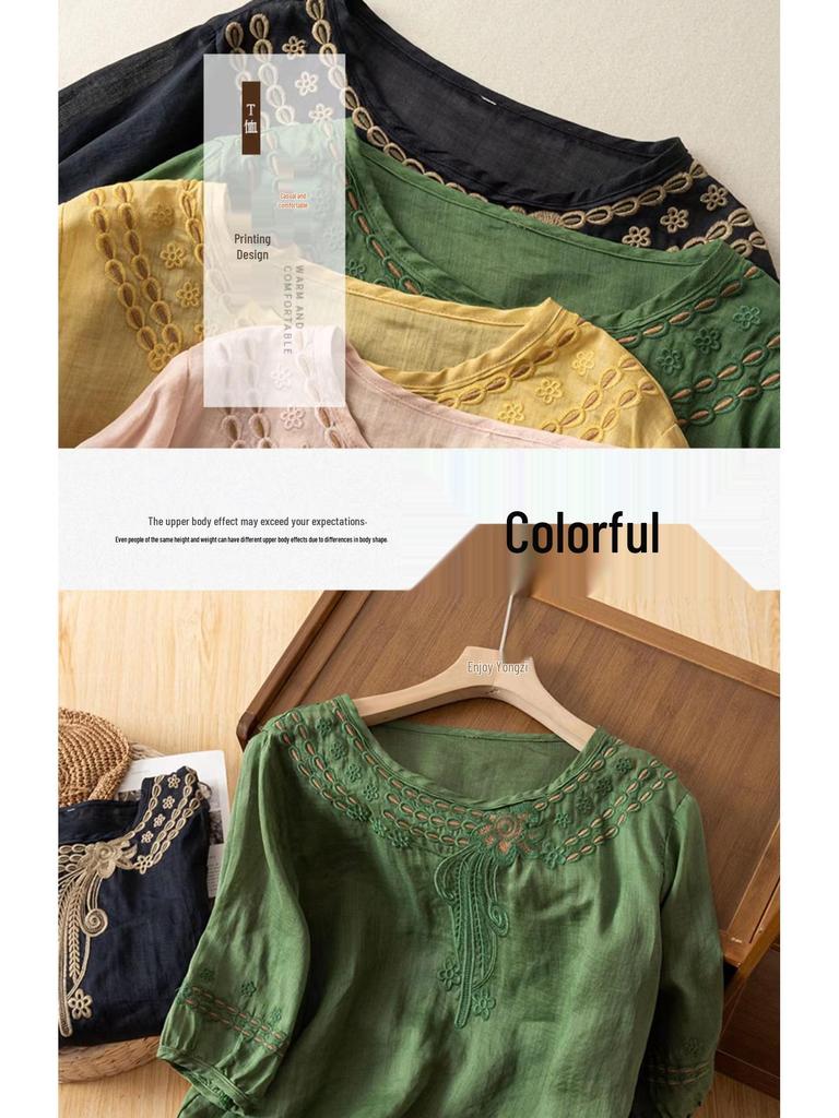 Женская льняно-хлопковая рубашка премиум-класса больших размеров с коротким рукавом - Лето 2025, китайский стиль