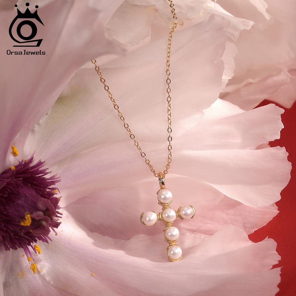 ORSA JEWELS Кулон-крест с жемчугом из стерлингового серебра 925 пробы Ретро Мода Жемчужные украшения для женщин Свадебная вечеринка Банкет GPN109