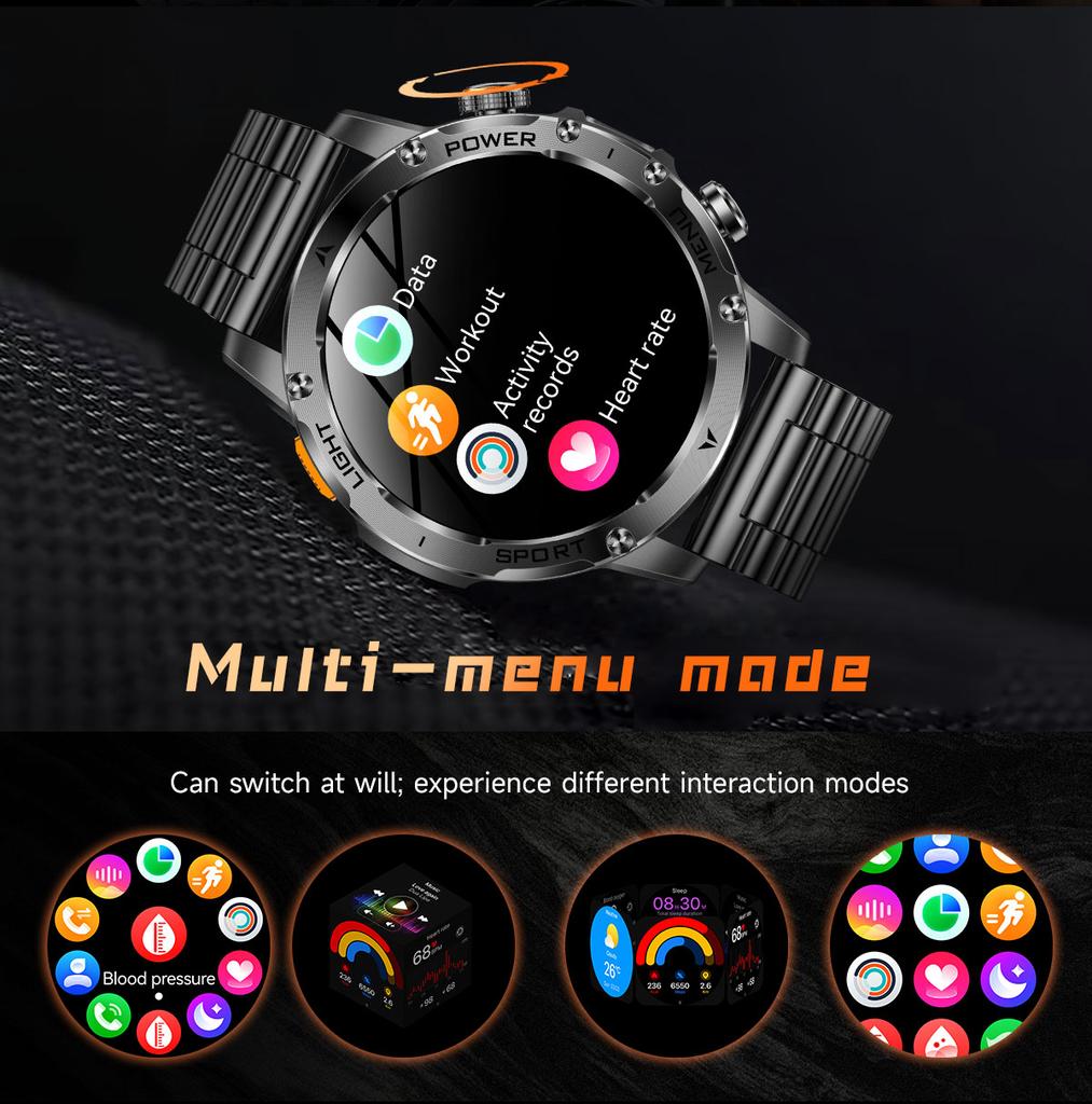 AK87 Men Outdoors Smart Watch Flashlight Multi-Sports Fitness Tracker Bluetooth Calling 1000Mah Large Battery Smartwatch