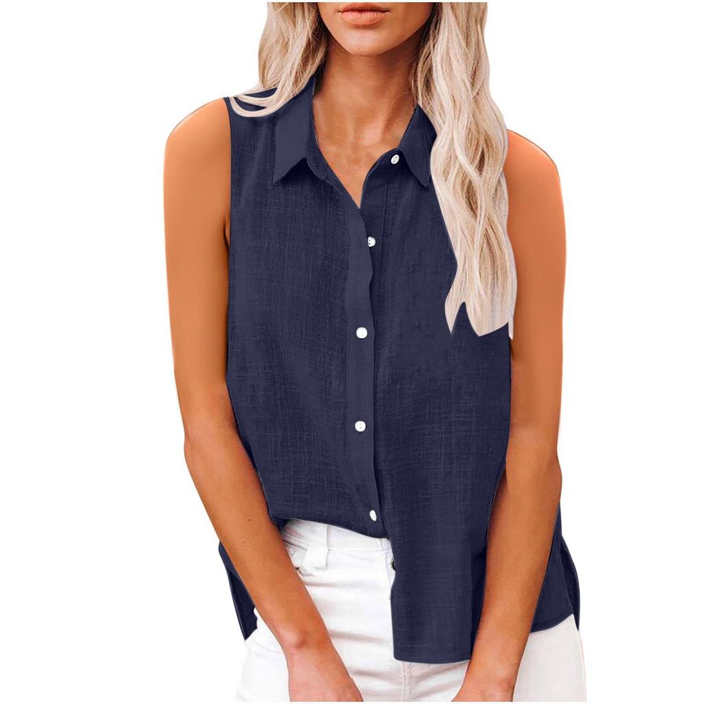 2025 European and American summer popular lapel cotton and linen buttons, sleeveless shirts women's clothing, shirts