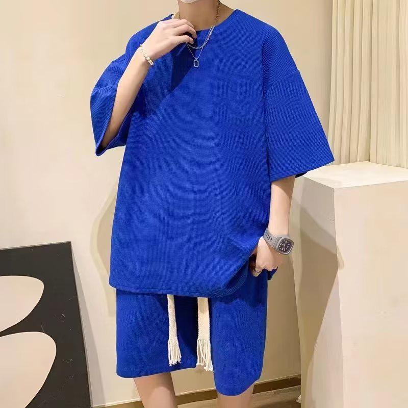 Мужской модный летний вафельный спортивный комплект из двух предметов