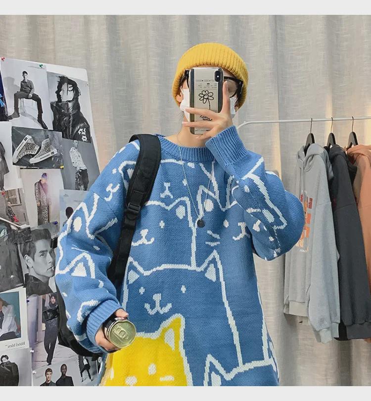 Мужской модный свитер в гонконгском стиле с рисунком - свободный крой, круглая горловина, осенне-зимняя трикотажная мода для студентов
