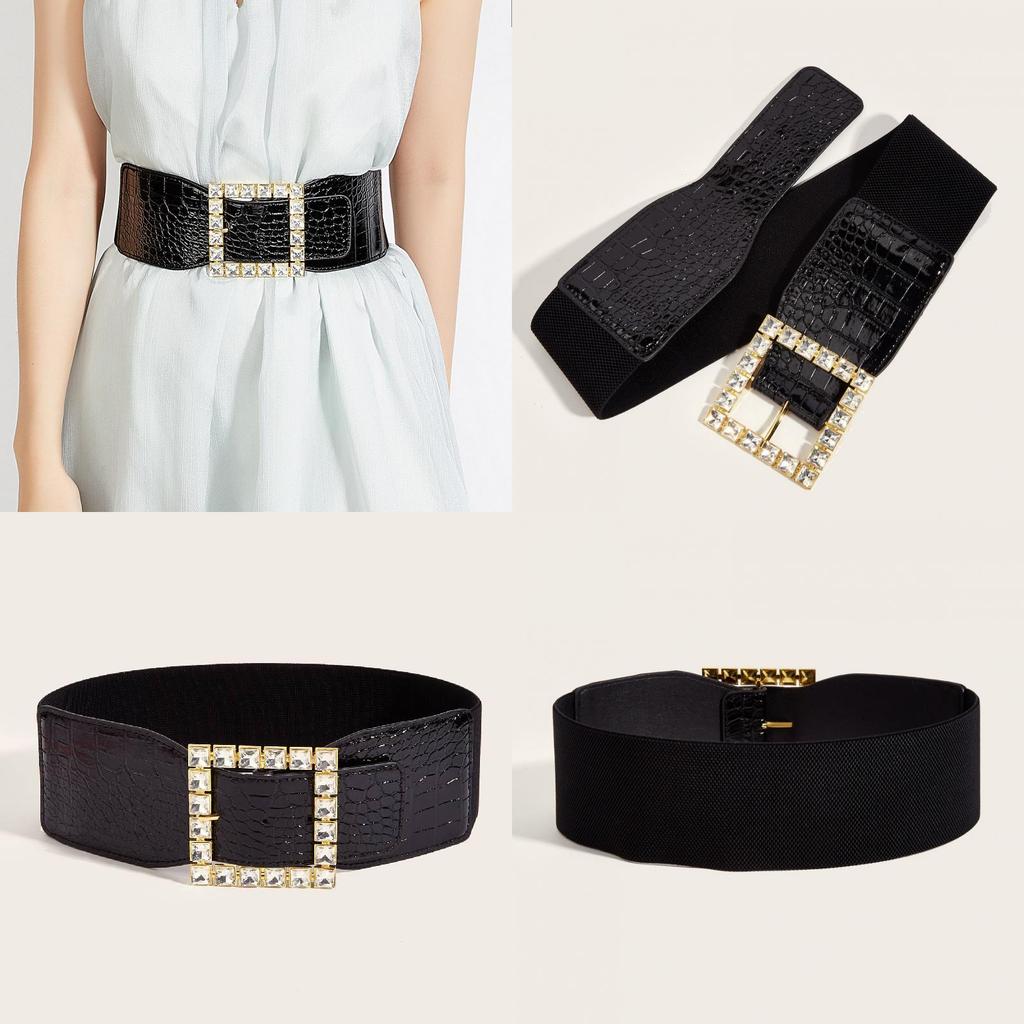 Wide Elastic Waist Belt With Decorative Metal Buckle Ladies Dress Fashion Winter