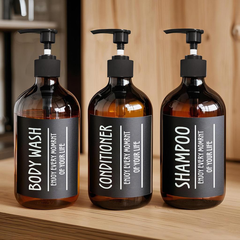 3pcs 500ML Round Bottles Green /Amber Lotion Bottle Plastic Soap Dispenser Portable Shampoo Conditioner Dispensers with 6 Labels