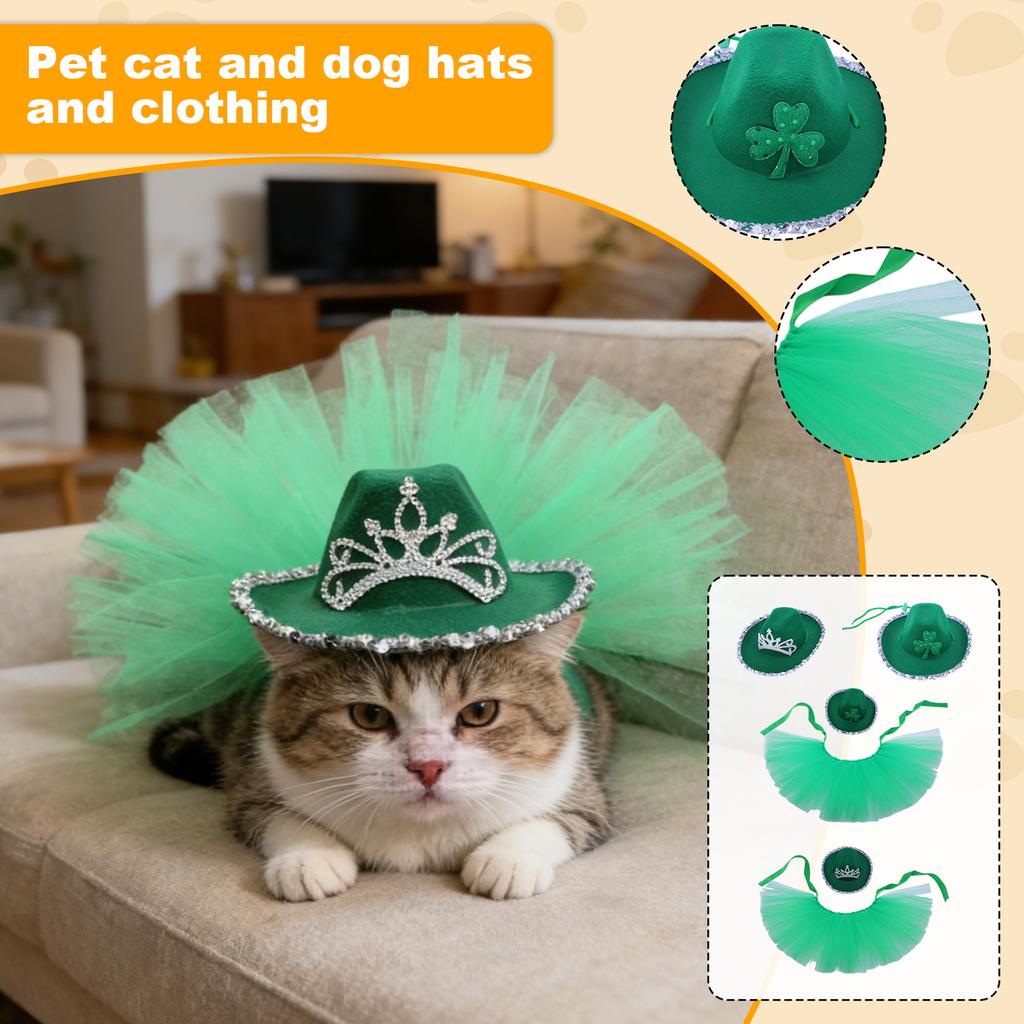 St. Patrick's Day Pet Hat & Set: Festive Green Cowboy Hat With /Crown Decor For Dogs & Cats