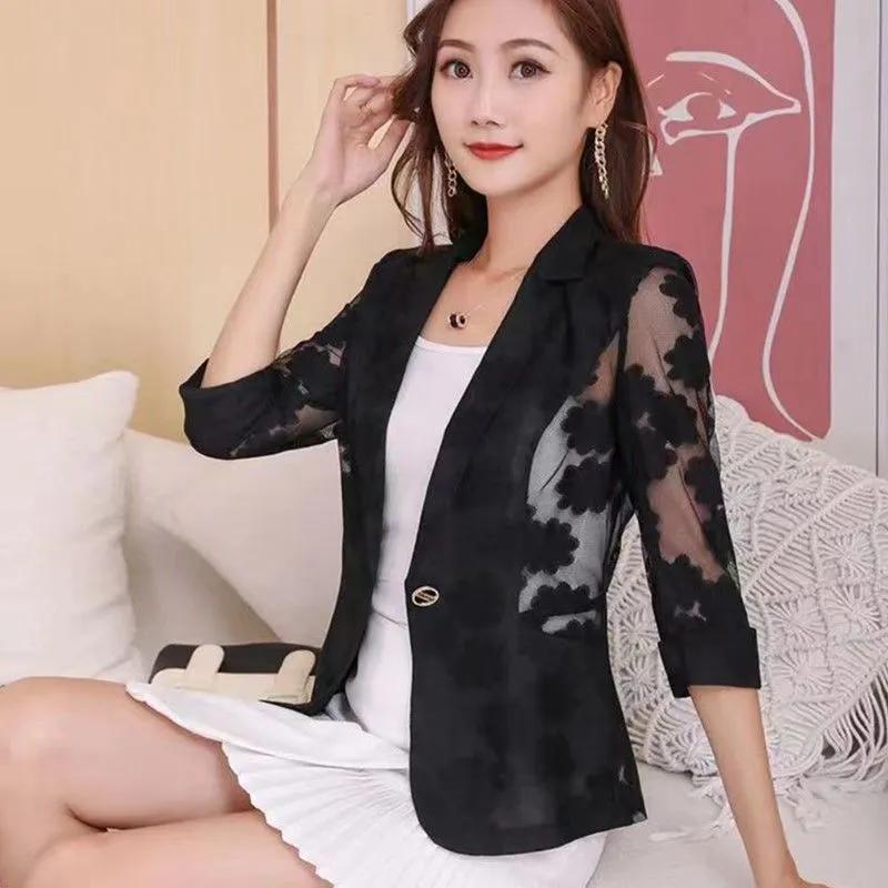 Women's Summer Lace Shorts Blazer Jacket Seven Sleeve Commuter Sun Shirt