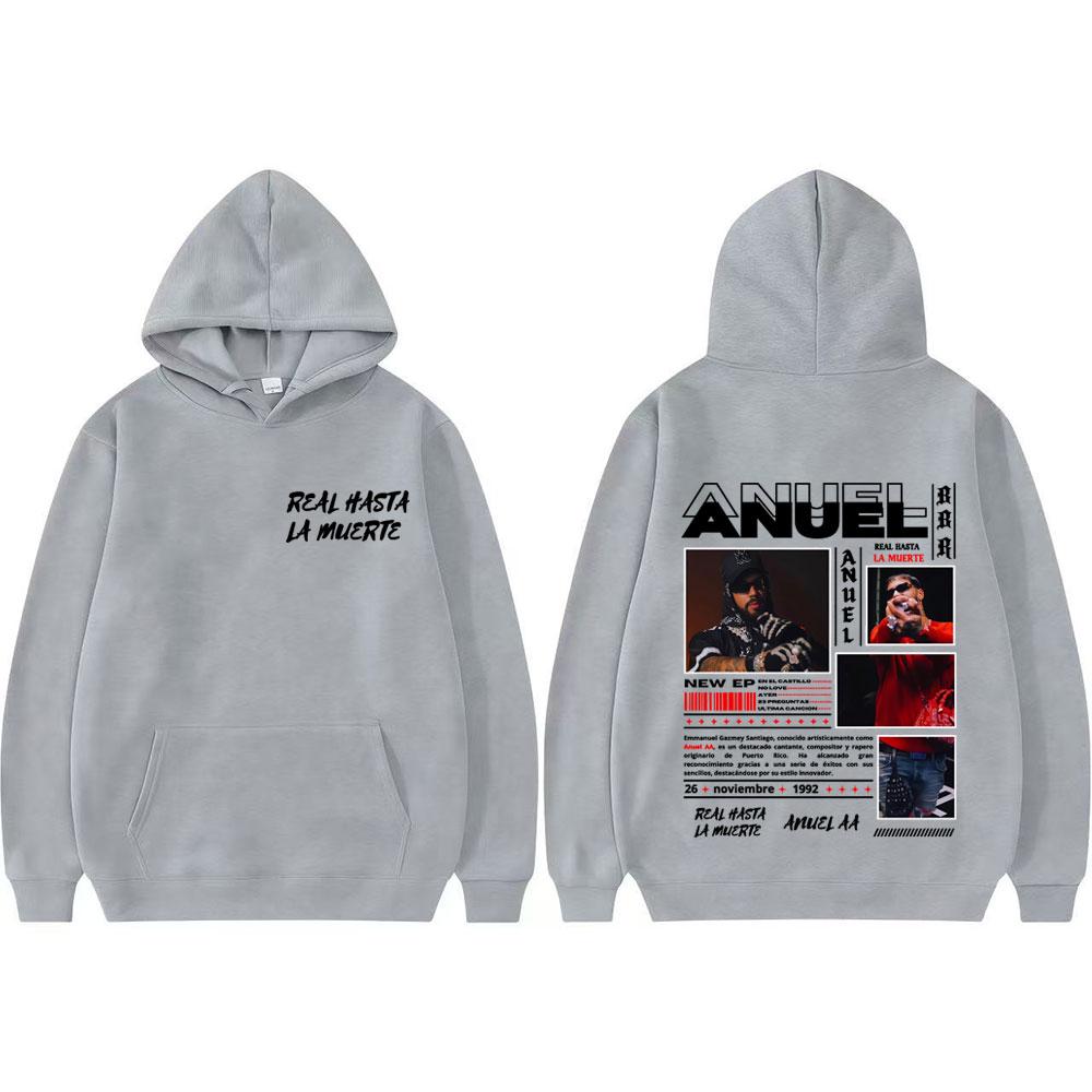 Свитшот с обложкой альбома и логотипом тура рэпера Anuel AA 'Real Hasta La Muerte' для мужчин и женщин, винтажный, хип-хоп, трендовая толстовка, уличная одежда, свободные худи