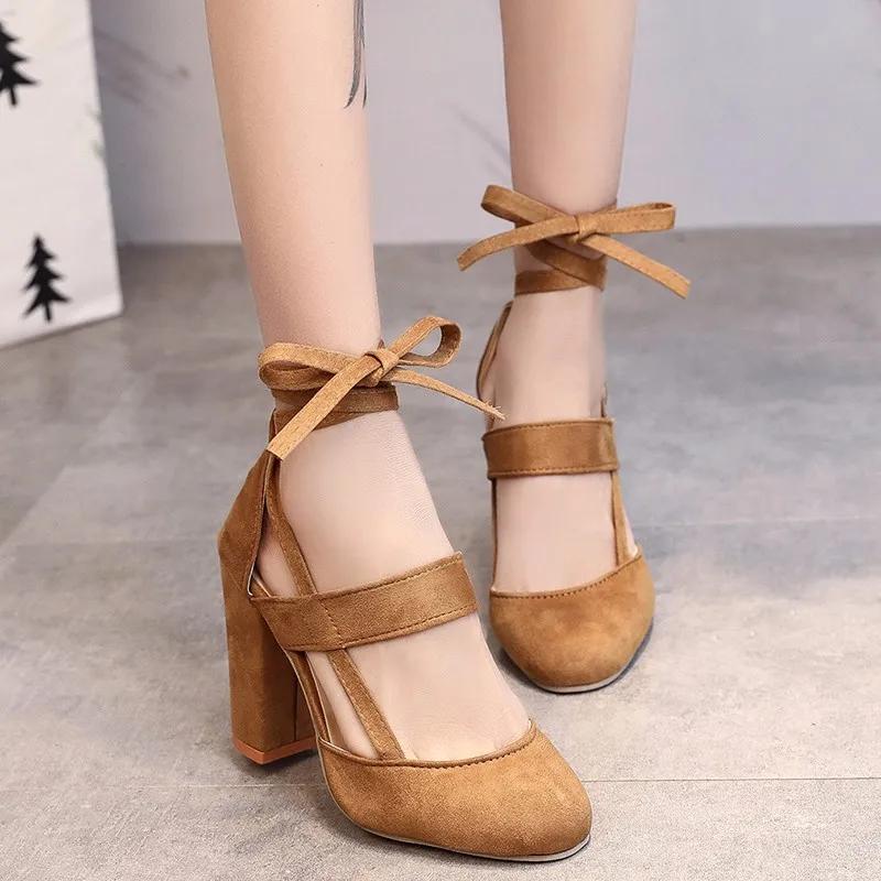 Модные женские туфли Sapatos Feminino большого размера 35-43, летние туфли-гладиаторы на высоком каблуке для вечеринки, свадебные туфли, модные туфли на толстом каблуке со шнуровкой, черные 2024