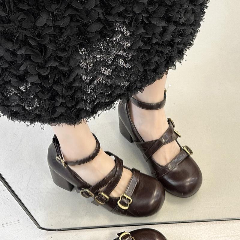 Cross-buckle Mary Jane women's high heels autumn 2025 new with skirt retro round head thick heel low-top shoes