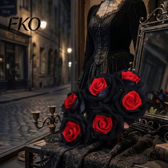 Long Stem Artificial Flower Rose Flower, Gothic Black Red Faux Silk with Dark Theme Floral Decor for Halloween Arrangement, Home Wedding Centerpiece