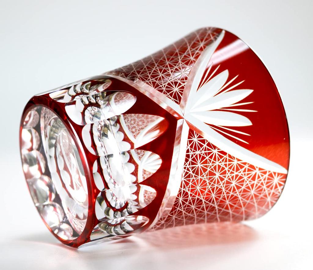GREEM MARKET Crafts with Wooden Box Glasswork Kiriko Glass Cup Shochu Glass Chrysanthemum Tsunagi Pattern Kiriko Glass Product GMS00763 Number (Red)