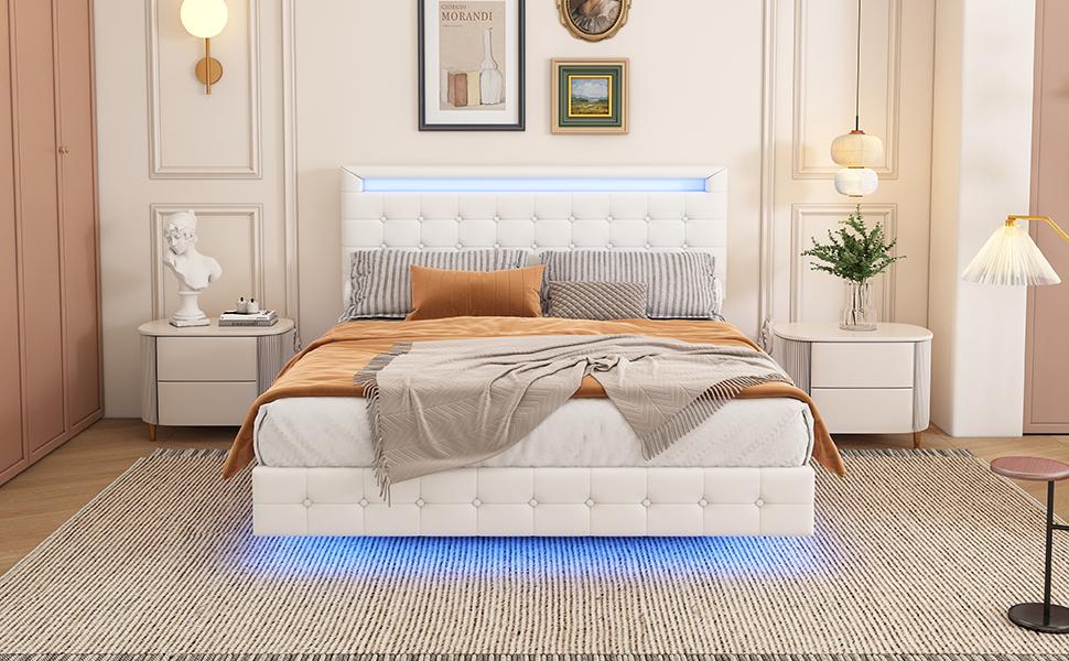 140*200cm Platform Bed, LED Ambient Light, Suspension, PU Material, Three-Level Height Adjustment of the Headboard, White