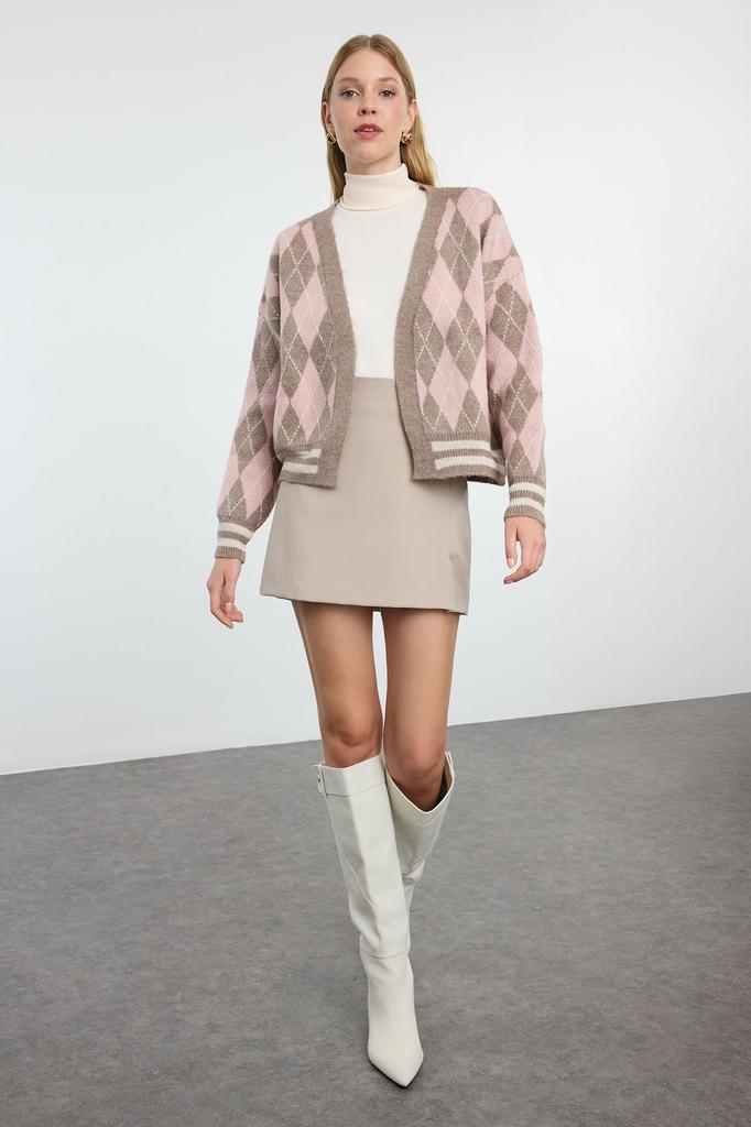 Women's Elegance Style Cardigan Mink Soft Textured Arugula Pattern Knitwear Cardigan